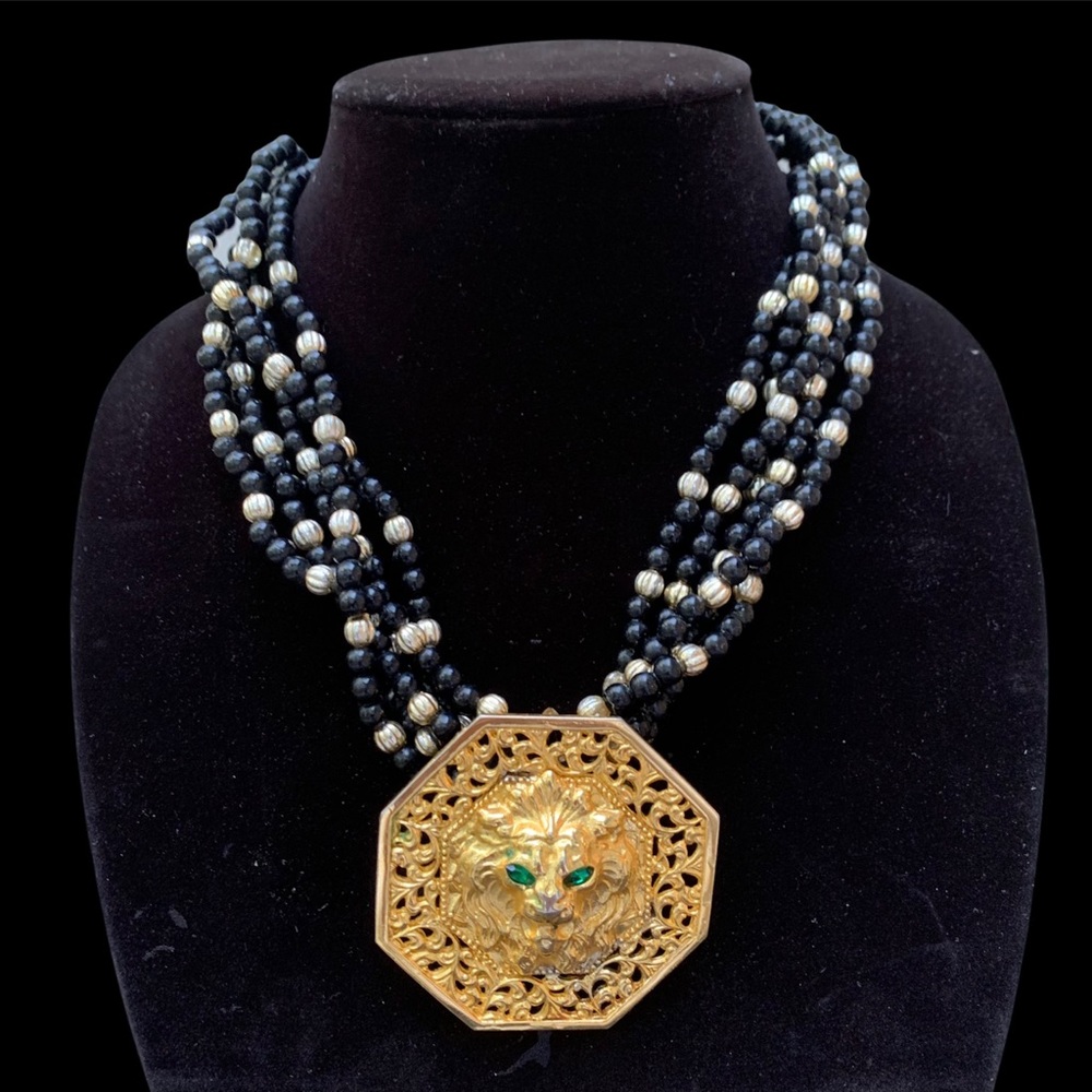 80s Cindy Adams Lion Head Pendant  Brooch on original Multi-strand Bead Necklace